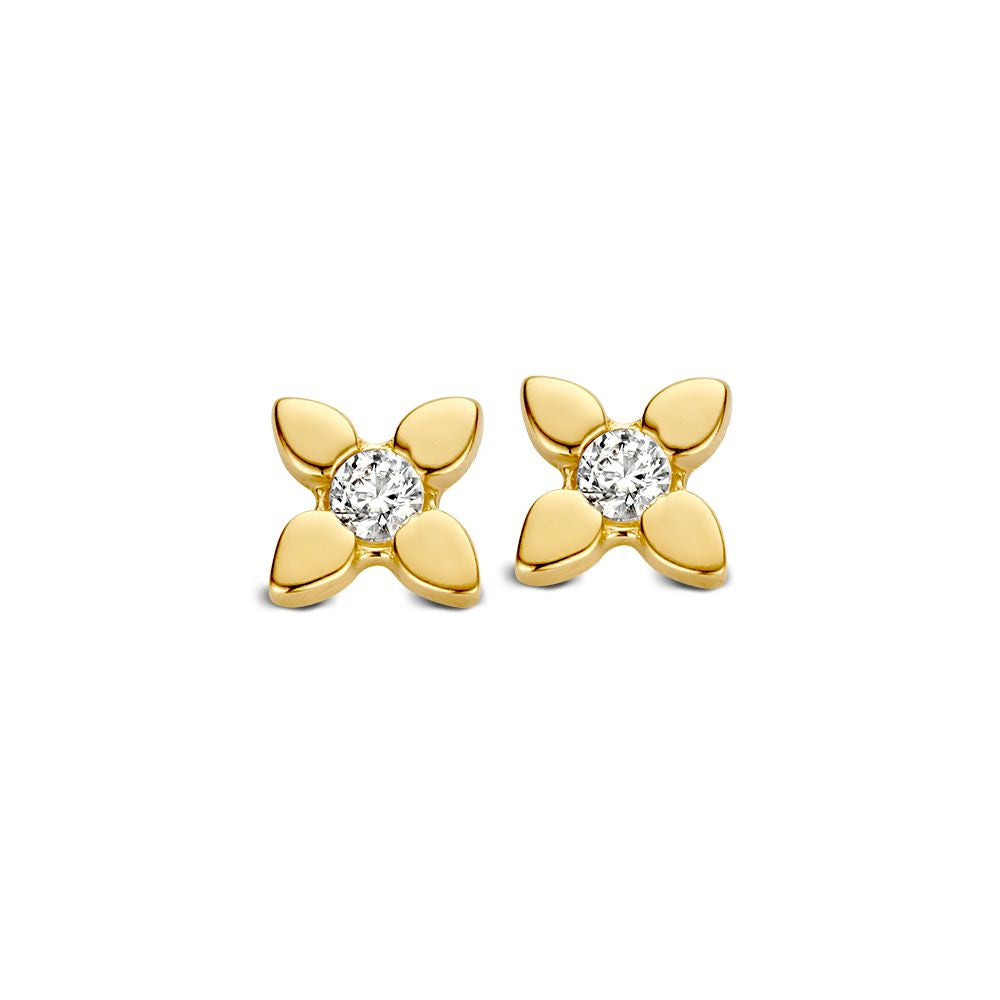 Boucles d'oreilles en or jaune 14 carats avec des zirkonia, design subtil en forme de fleur.