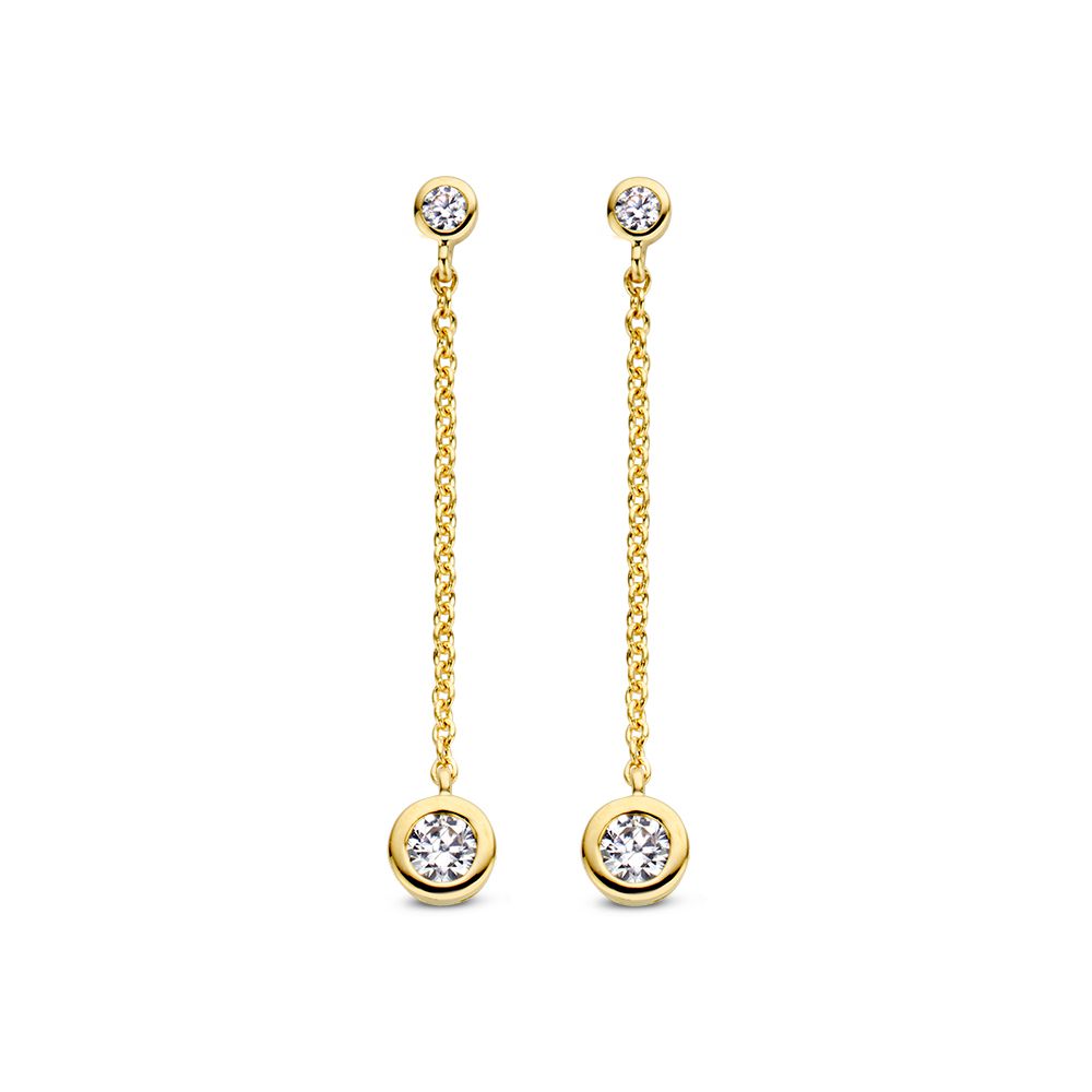 Boucles d'oreilles en or jaune 14 carats avec des zircons, design élégant et suspendu.