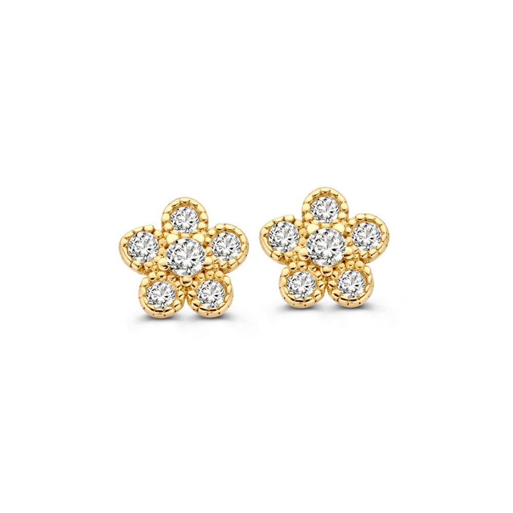 Boucles d'oreilles en or jaune 14 carats en forme de fleur, ornées de zirconias brillants.