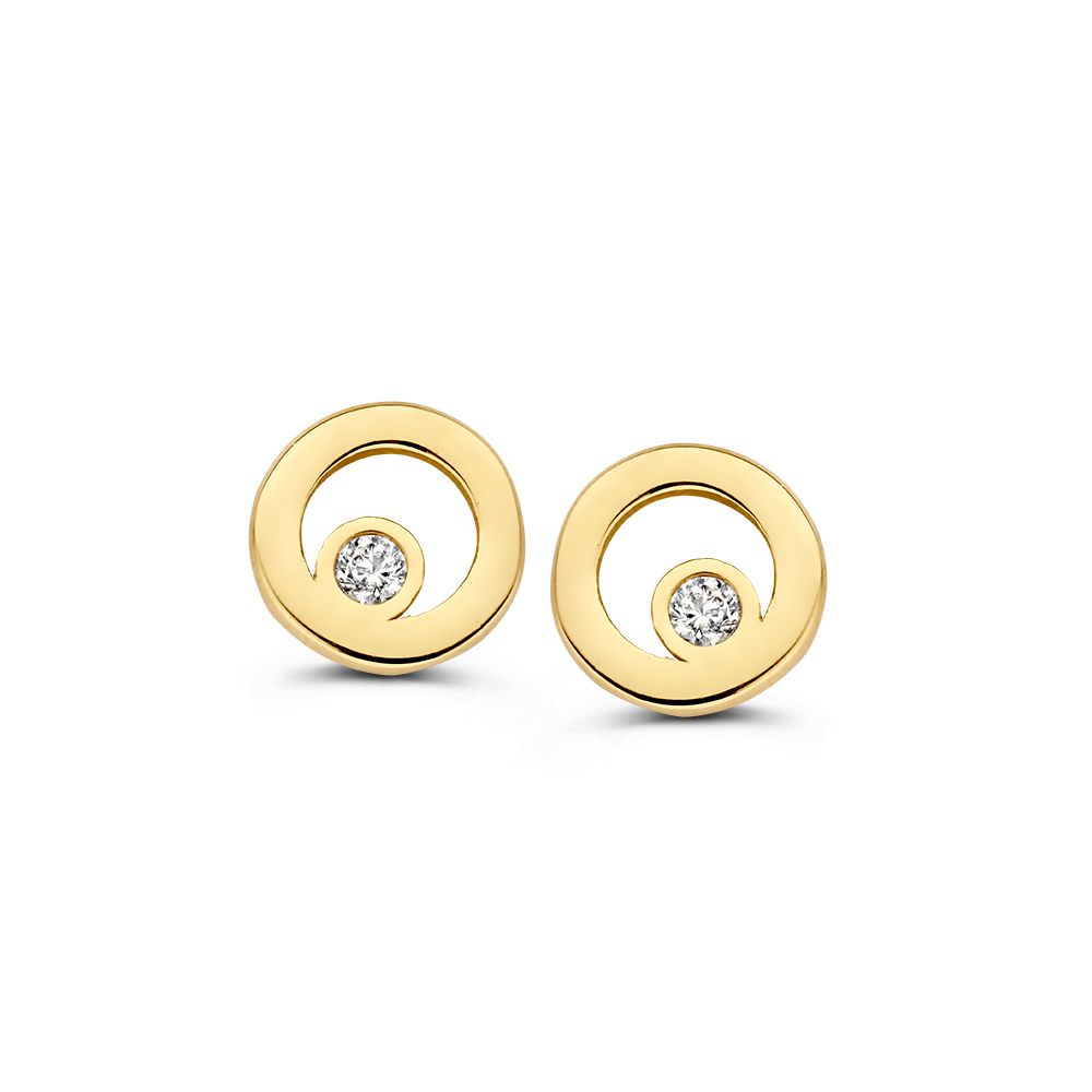 Boucles d'oreilles en or jaune 14 carats avec un zirconia brillant, en forme circulaire.