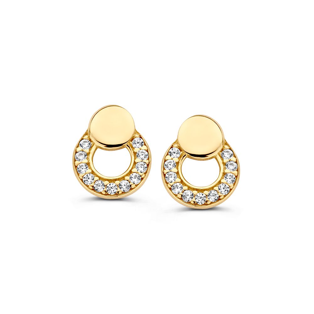 Boucles d'oreilles en or jaune avec zirconia, forme ronde et détails brillants.