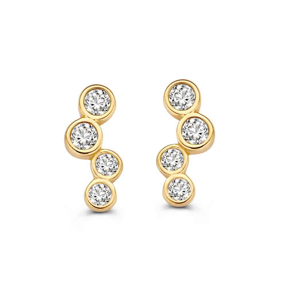 Boucles d'oreilles en or jaune 14 carats avec des zircons, présentant un design élégant et brillant.