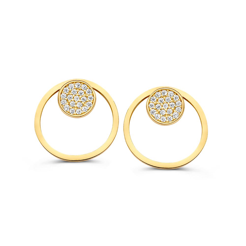 Boucles d'oreilles en or jaune avec zirconia, design ludique, forme circulaire.