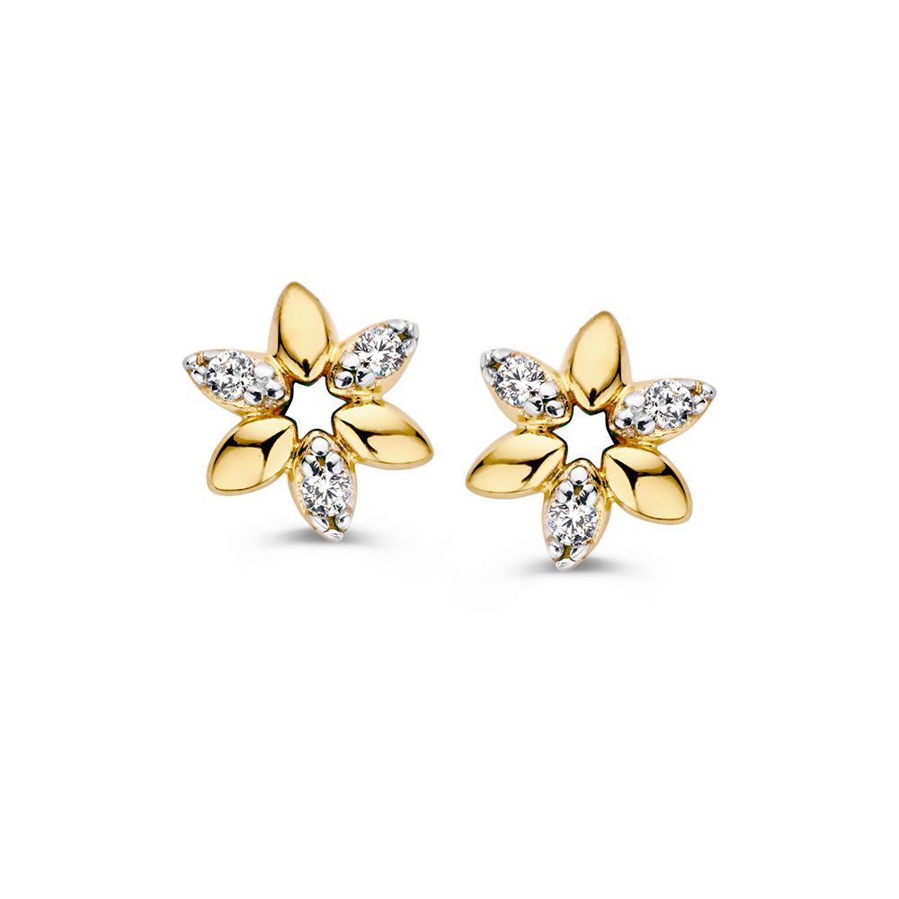 Boucles d'oreilles en or jaune en forme de fleur avec zircons, délicates et luxueuses.