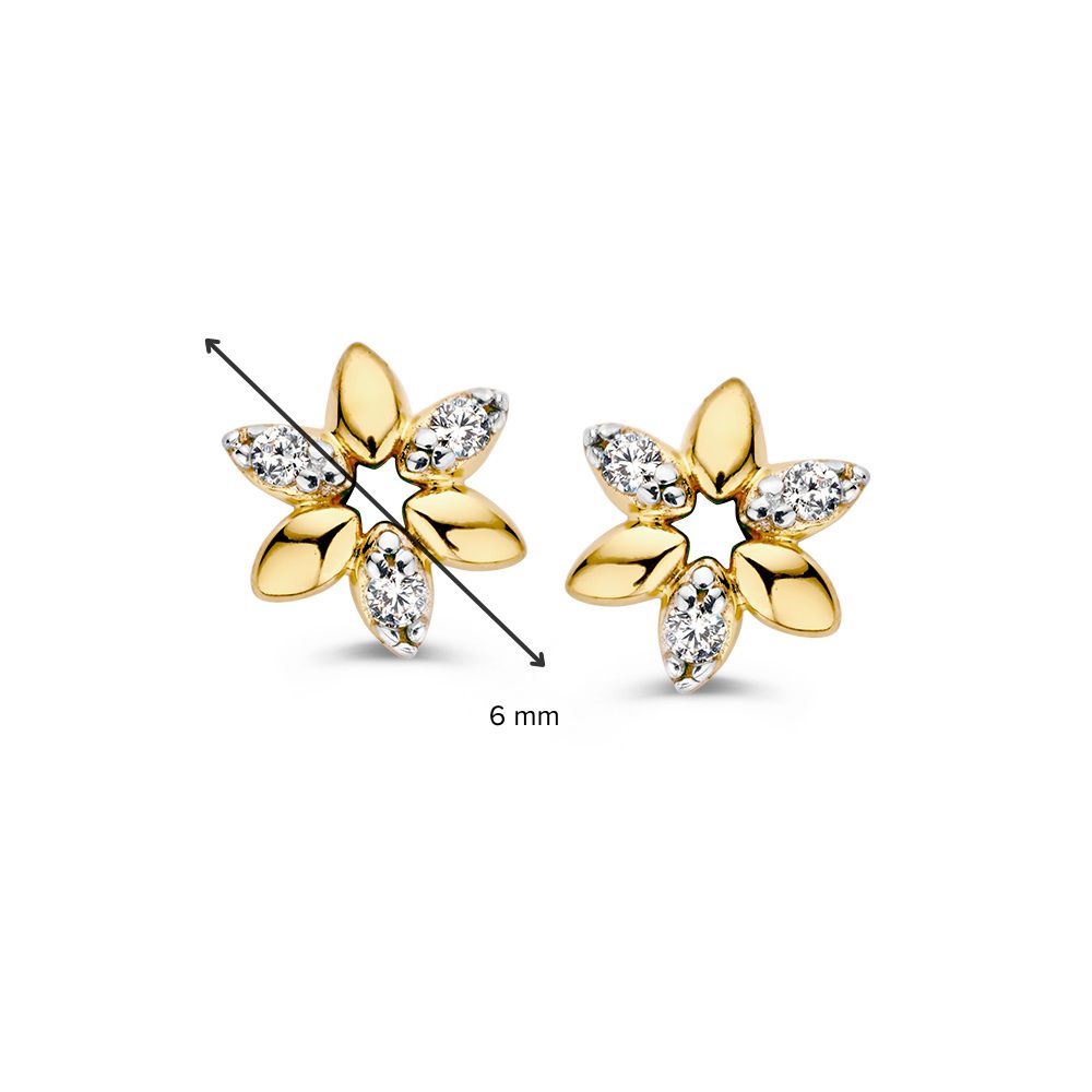 Puces d'oreilles en or jaune en forme de fleur avec zircone – 14 carats, luxe délicat