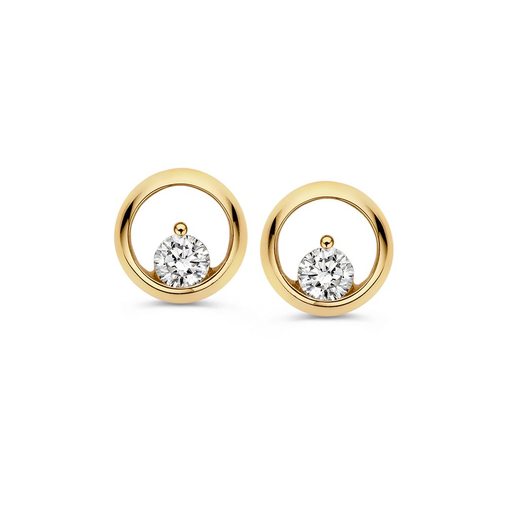 Boucles d'oreilles en or jaune 14 carats avec zirconia, design circulaire et subtil.