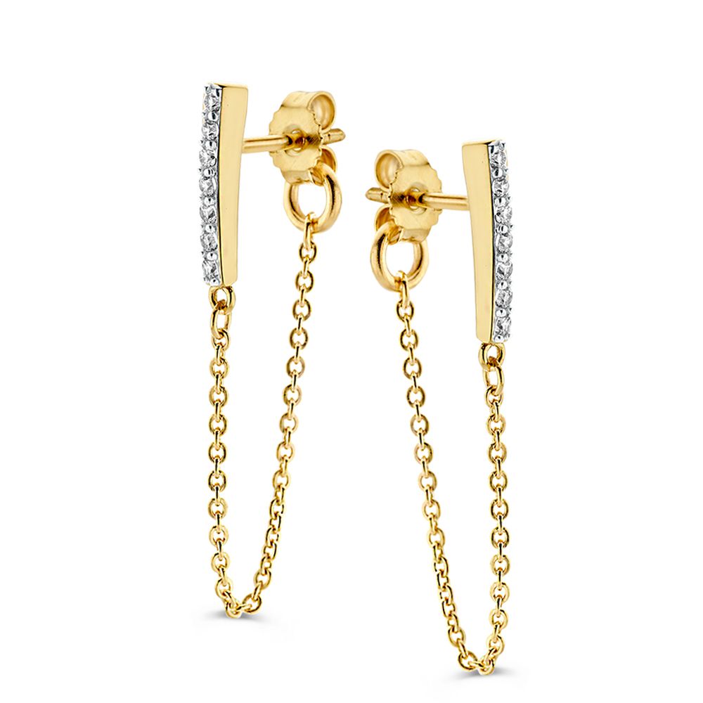 Boucles d'oreilles en or jaune 14 carats avec zirconiums et chaînes, design ludique et élégant.