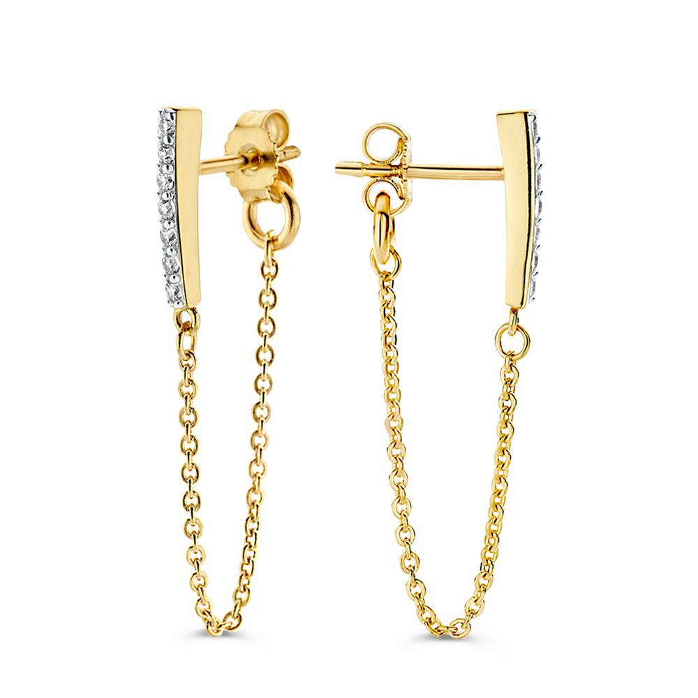 Puces d'oreilles en or jaune avec zircones et chaînette – 14 carats, ludique et élégant