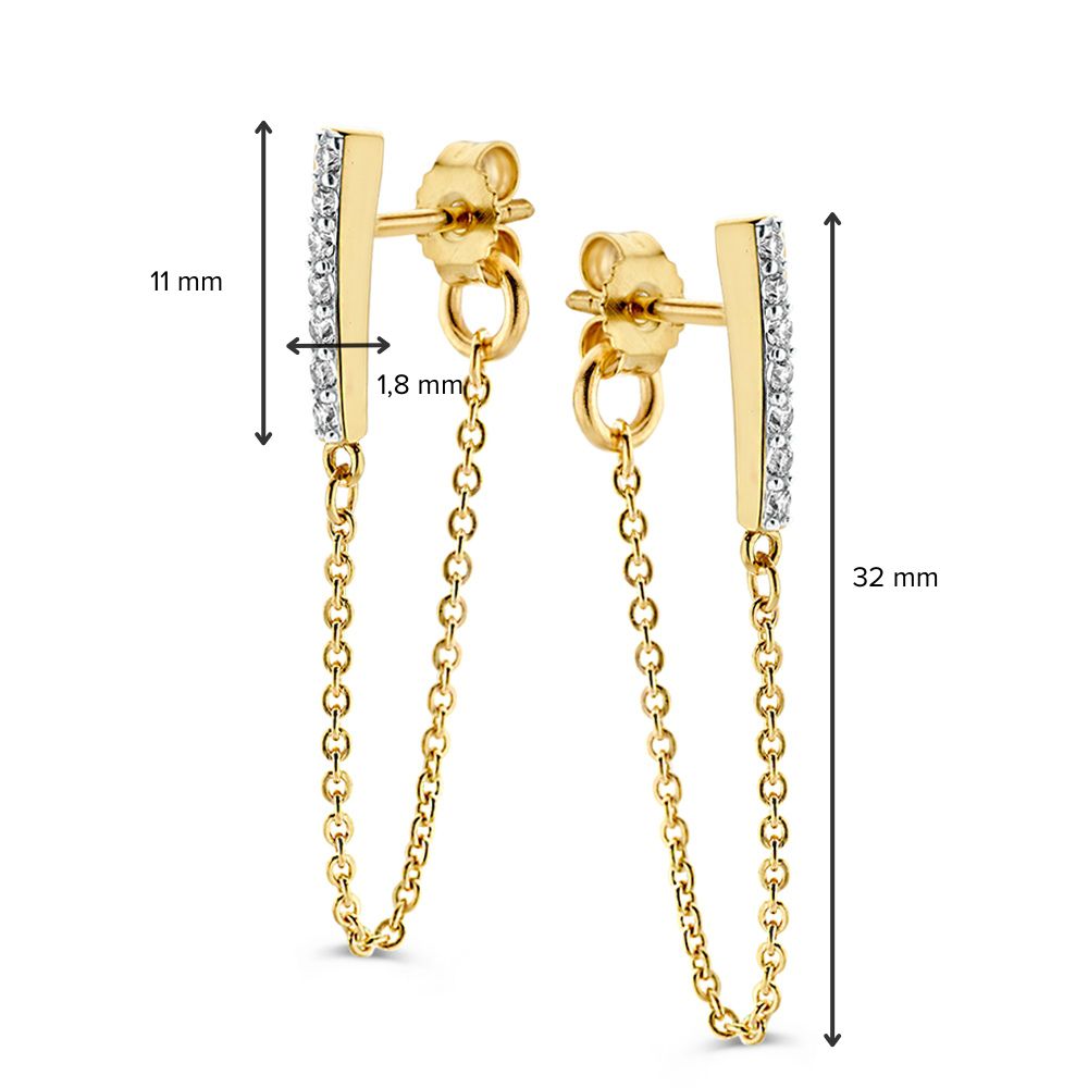 Geelgouden Oorstekers met Zirkonia's en Kettinkje – 14 Karaat, Speels en Elegant