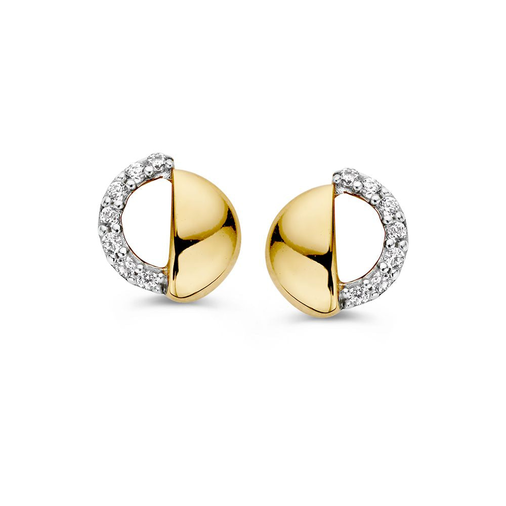 Boucles d'oreilles bicolores en or blanc et or jaune avec des zirkonia, finition brillante.