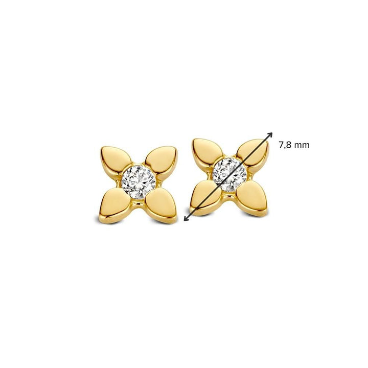 Excellent Sieraden Geelgouden Oorstekers met Zirkonia's: 14 karaat geelgoud, vierbladige bloemvorm met centrale zirkonia, subtiel en elegant. Doorsnee van 7,8 mm.