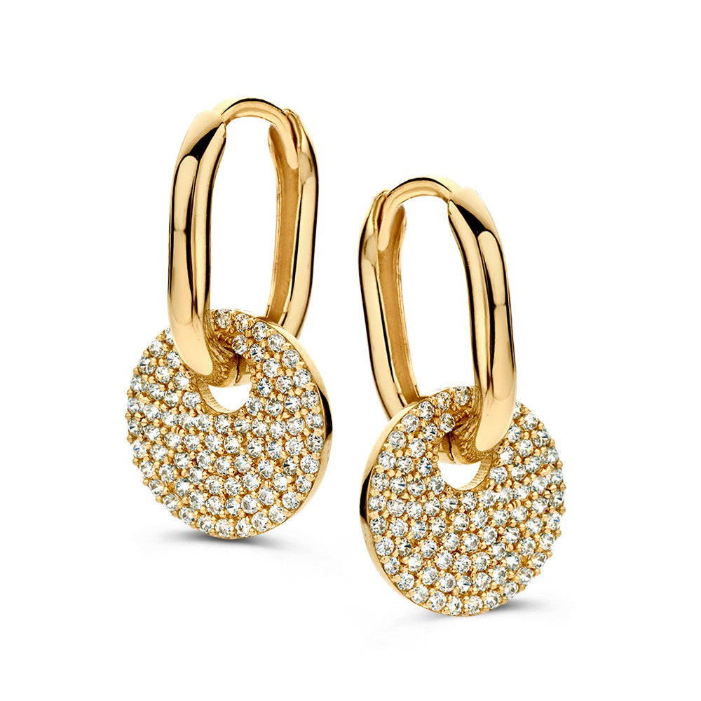 Boucles d'oreilles ovales en or jaune 14 carats avec pendentifs en zirconia, ajustables et luxueuses.