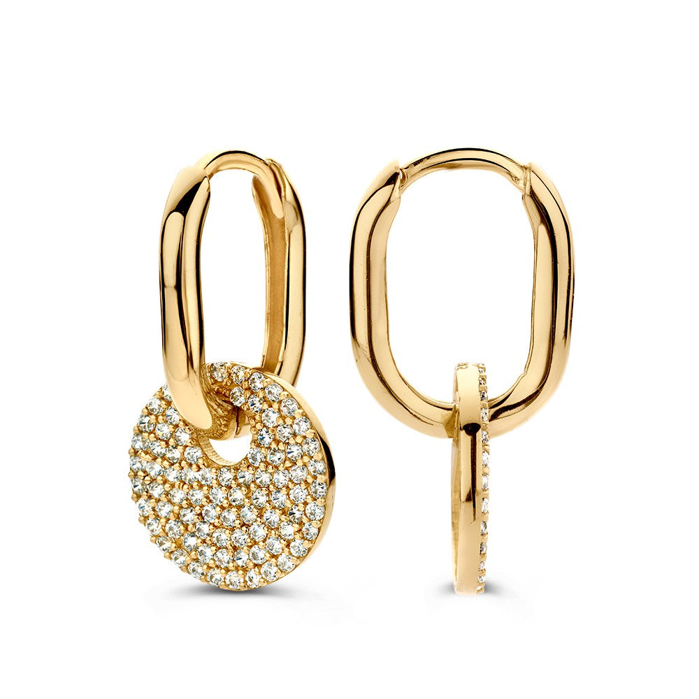 Créoles en Or Jaune Ovales avec Breloques en Zircone – 14 Carats, Luxe Réglable