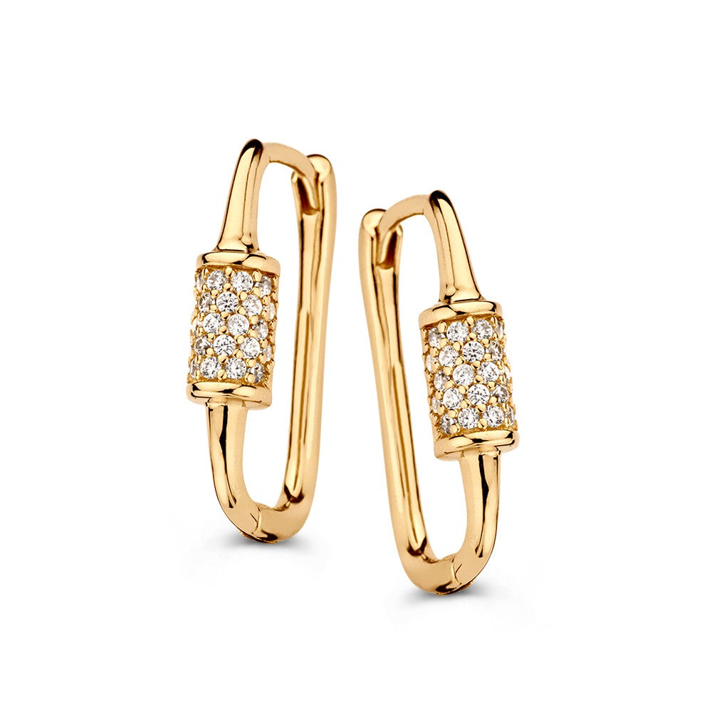 Boucles d'oreilles ovales en or jaune 14 carats avec zirkonia, design 'paperclip'.