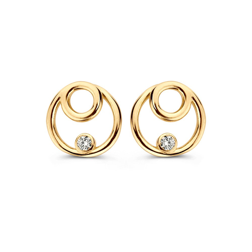 Boucles d'oreilles en or jaune 14 carats avec zirconia, design circulaire et élégant.