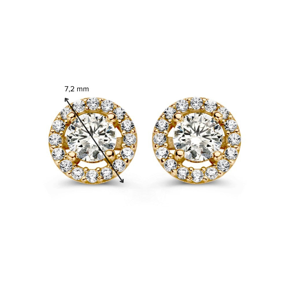 Puces d'oreilles en or jaune avec zircone en sertissage halo – 14 carats, élégance intemporelle