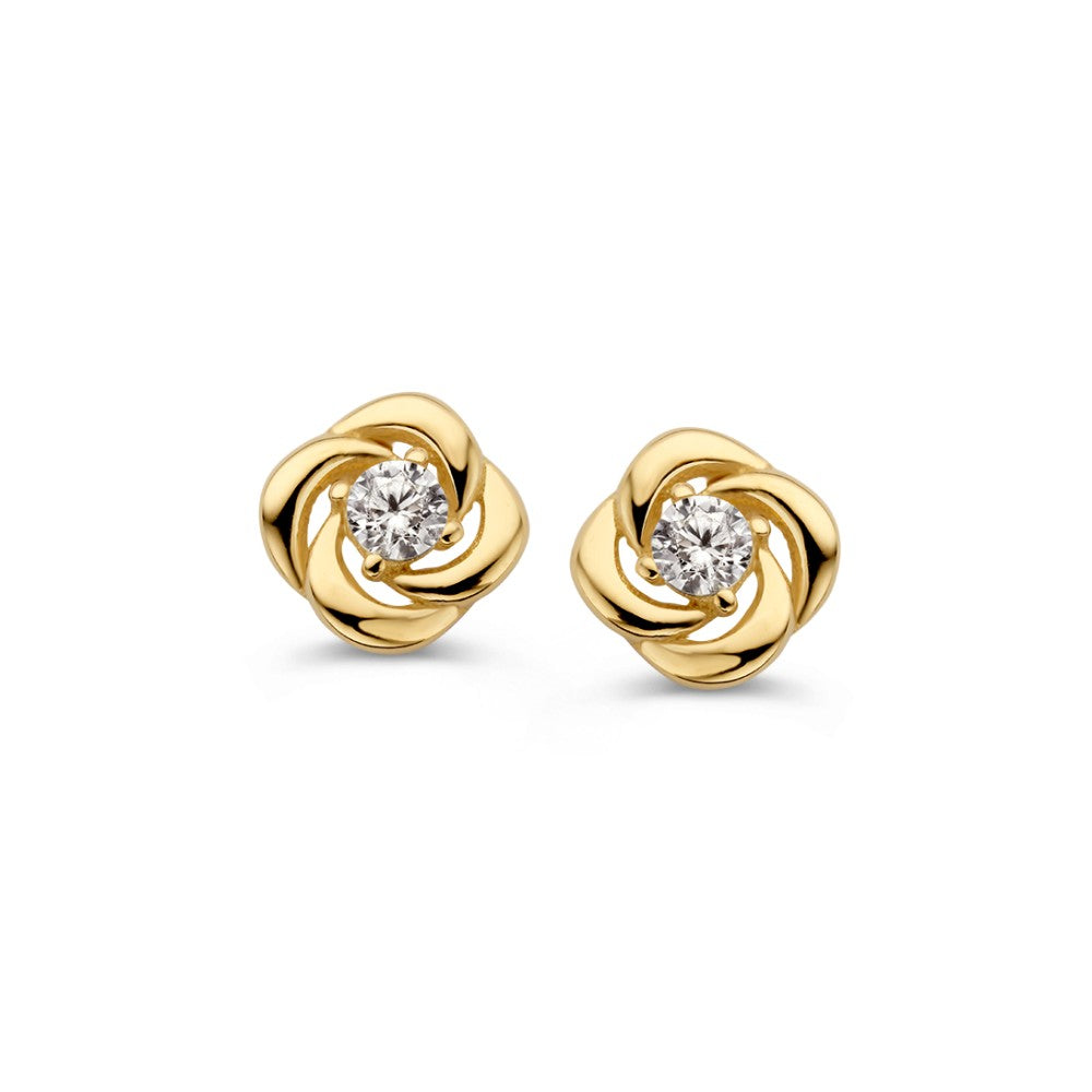 Boucles d'oreilles en or jaune en forme de fleur avec zirconia, 14 carats.