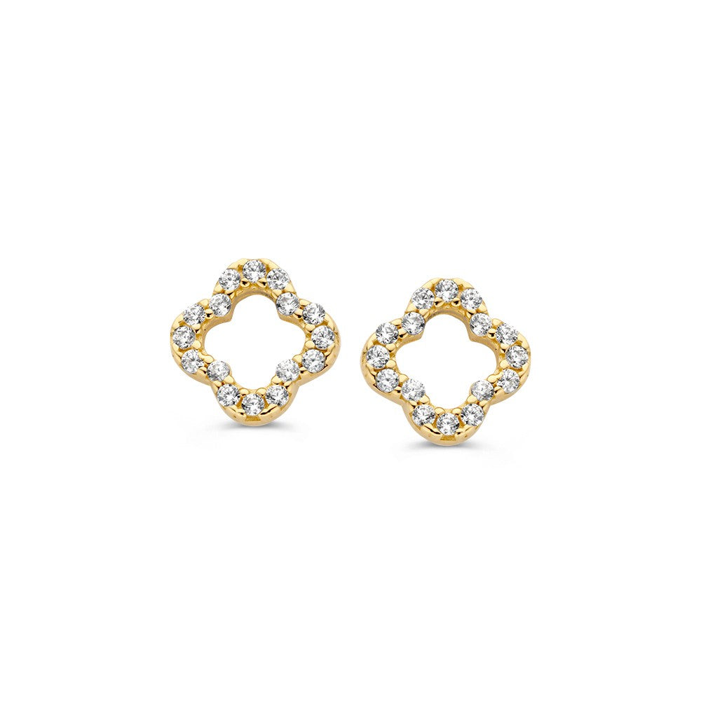Boucles d'oreilles en or jaune en forme de fleur ouverte avec des zirconias.