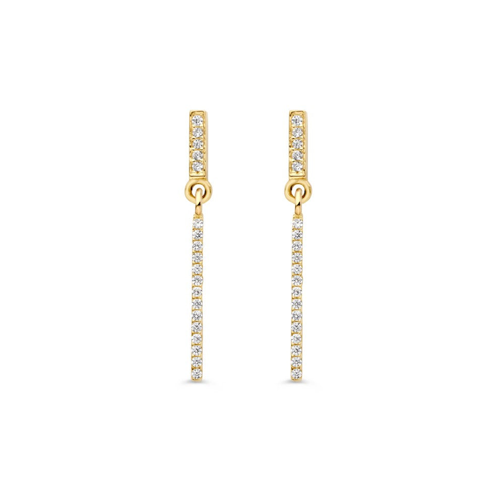Boucles d'oreilles en or jaune avec longs pendentifs et zirconiums, 14 carats.
