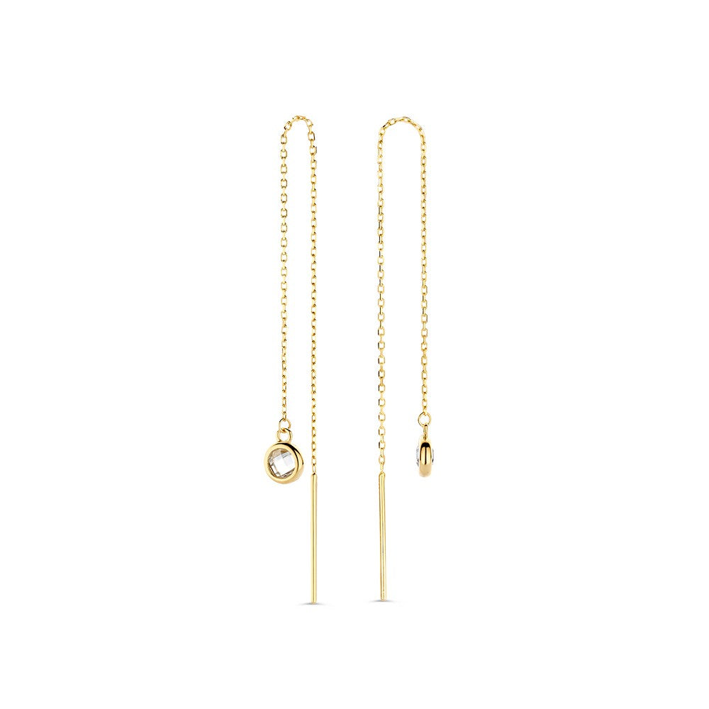 Boucles d'oreilles longues en or jaune 14 carats avec zirconia, élégantes et en mouvement.