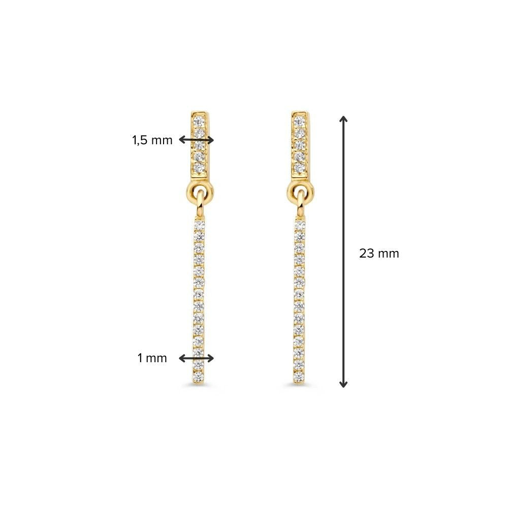Puces d'oreilles en or jaune avec longs pendentifs et zircones – 14 carats, élégance en mouvement