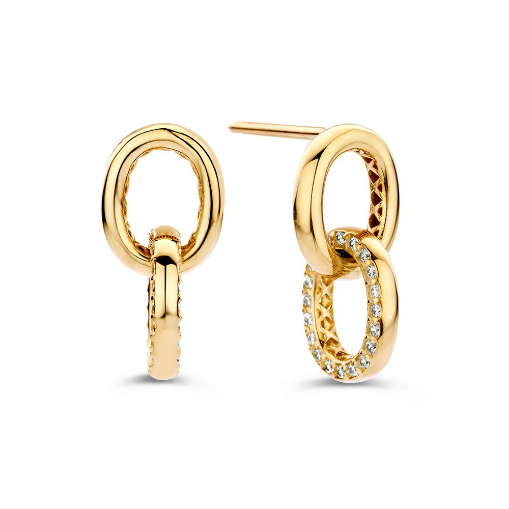 Puces d'oreilles en or jaune avec des breloques rondes et des zircones – Luxe ludique
