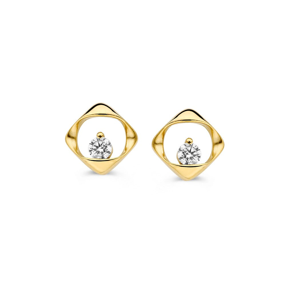 Boucles d'oreilles en or jaune avec un zirconium brillant, forme carrée et design moderne.