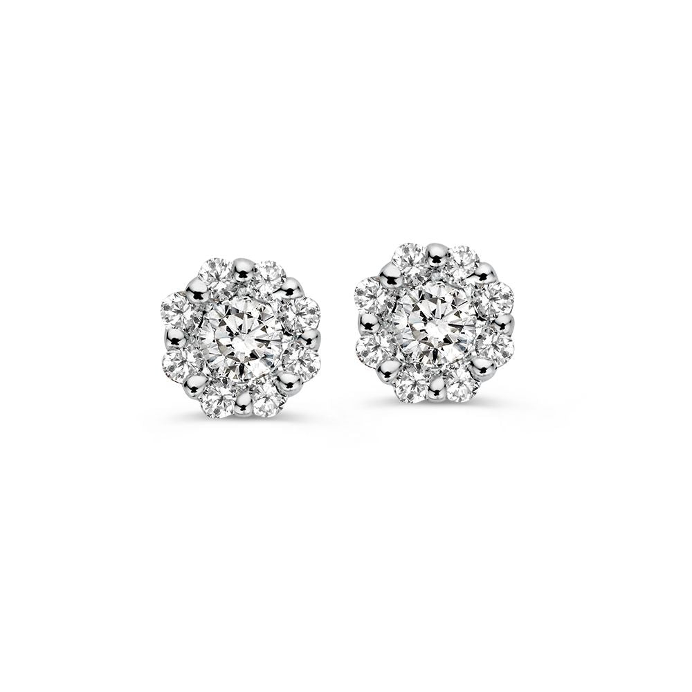 Boucles d'oreilles en or blanc avec diamants en sertissage entourage, forme brillant.