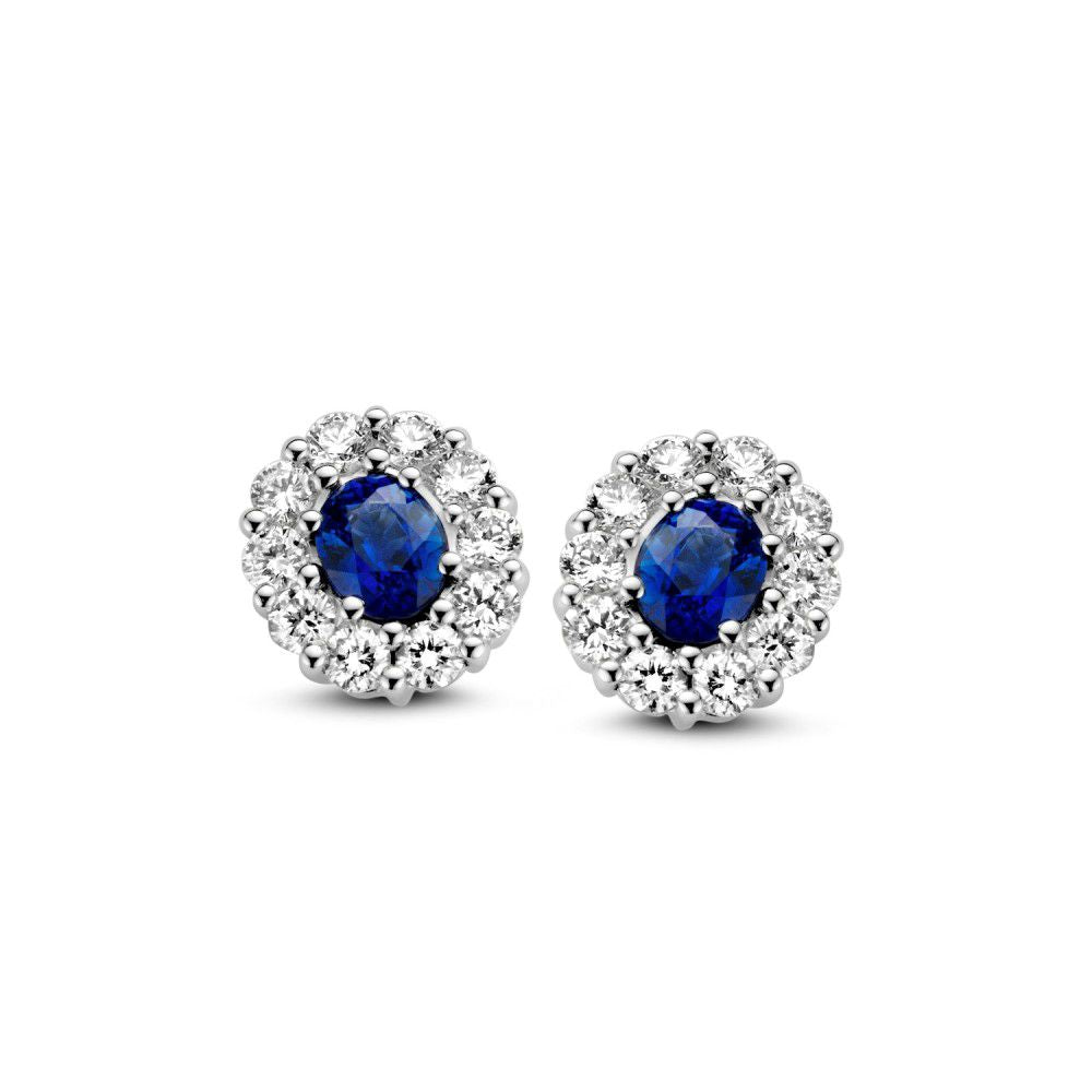 Boucles d'oreilles en or blanc avec saphir et diamant en sertissage entourage, 14 carats, 0,50 ct.