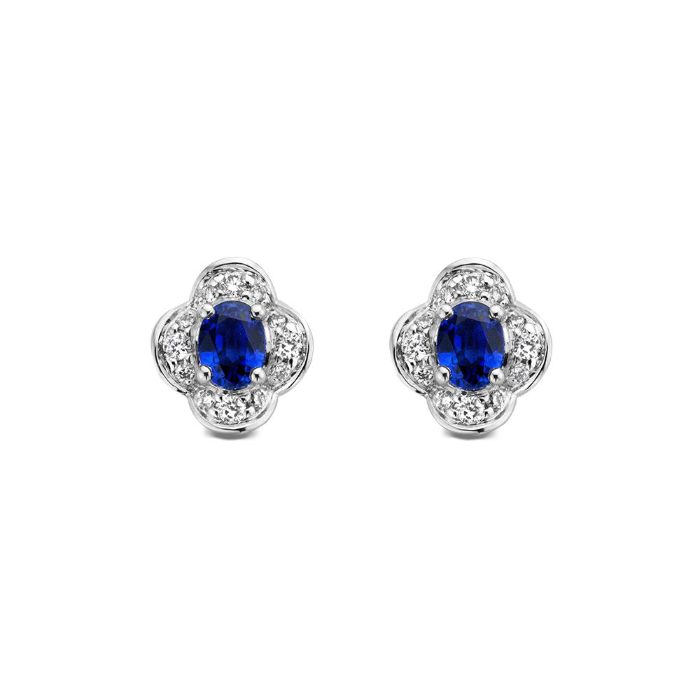 Boucles d'oreilles en or 14K avec saphir de 0,70 crt et diamants de 0,12 crt, forme florale.