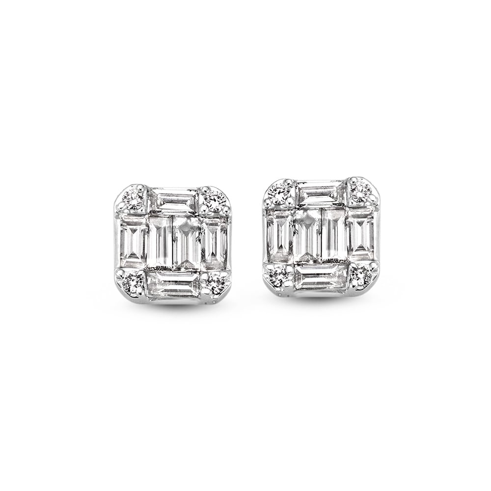 Boucles d'oreilles en or blanc avec diamants baguette, 0,68 crt, design carré.