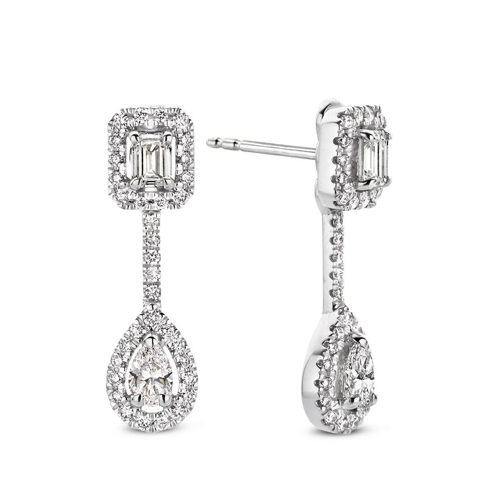 Boucles d'oreilles en or blanc avec diamants – 1,04 carat – diamants baguette, émeraude et poire