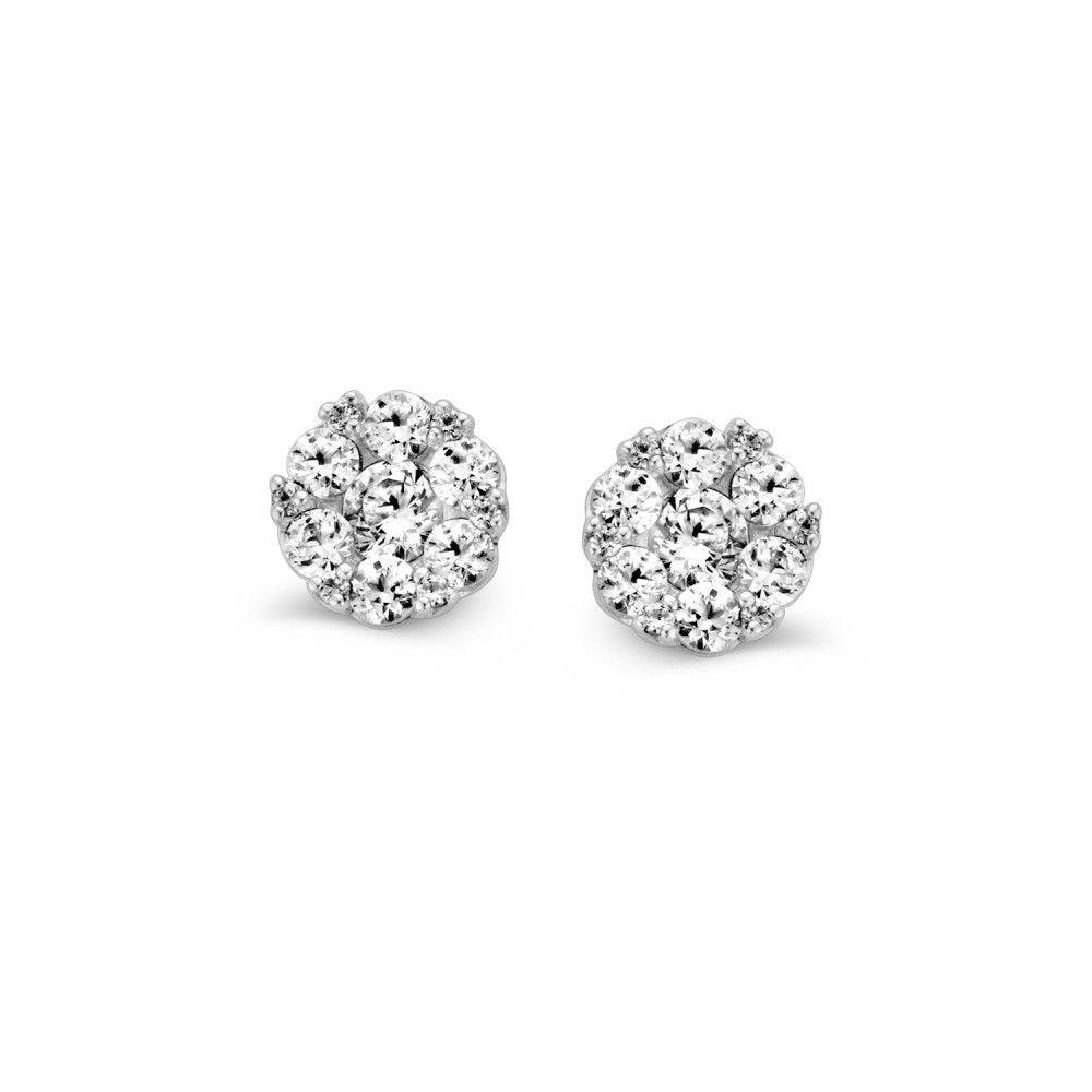 Boucles d'oreilles en or blanc avec zirconia, en forme de rosette classique, diamètre de 6 mm.