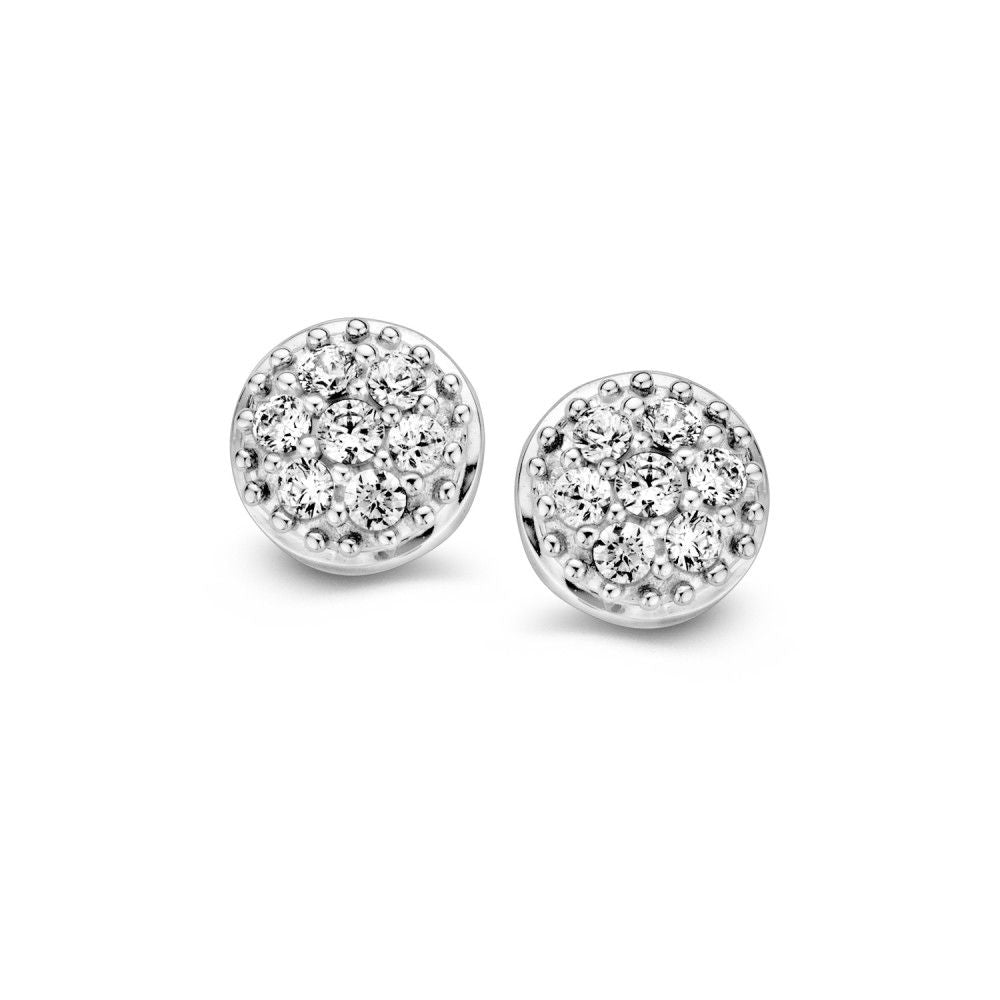 Boucles d'oreilles en or blanc avec zirconium, diamètre de 7 mm, design rond et brillant.