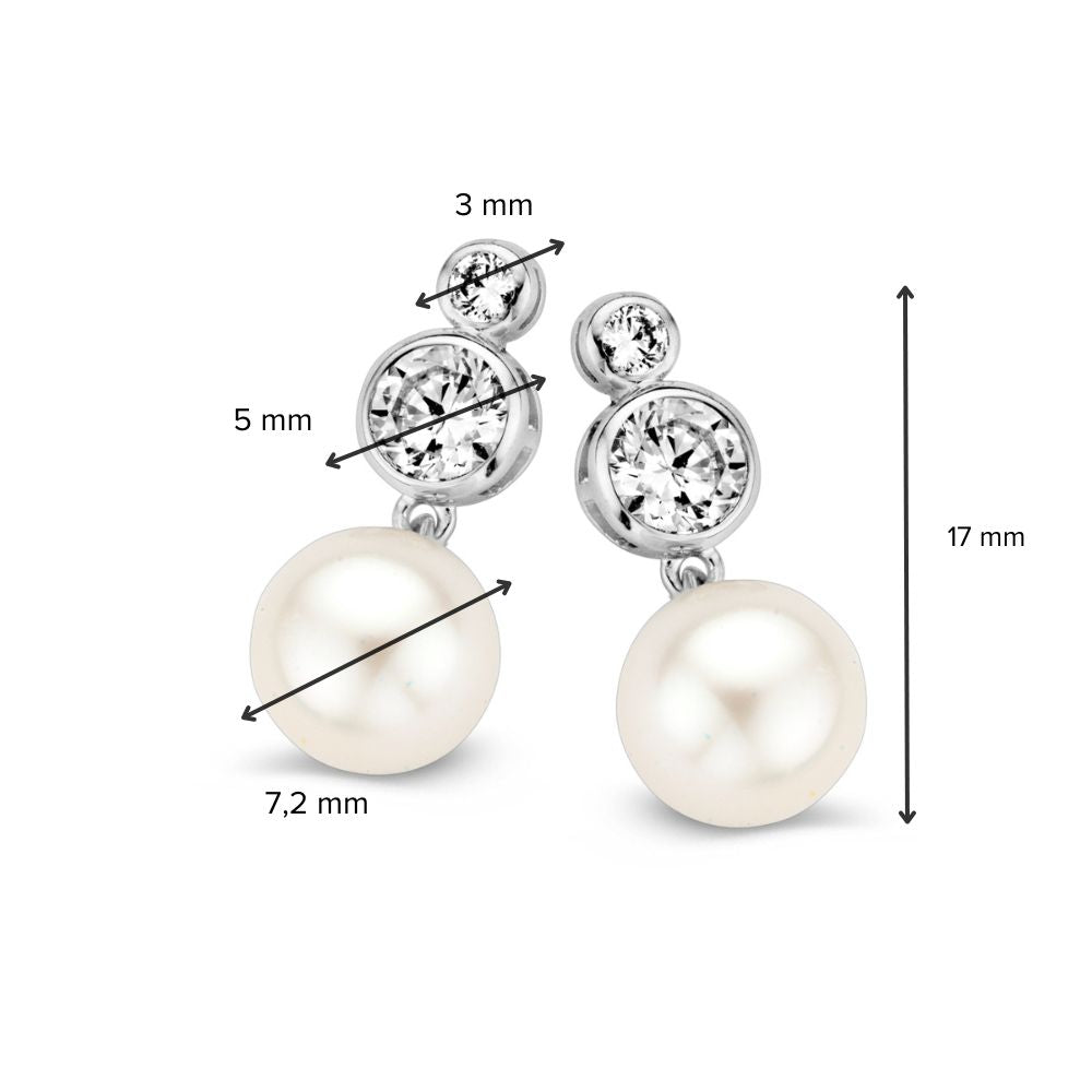 Puces d'oreilles en or blanc avec zircone et perle – boucles d'oreilles 14K pour femme, 17 mm, ensemble avec poussettes