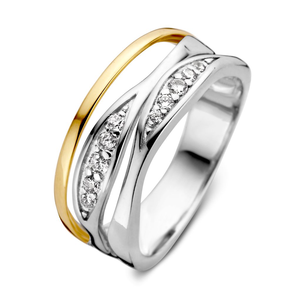 Bague en argent rhodié pour femme avec or jaune 14 carats et zirconiums, design élégant et raffiné.
