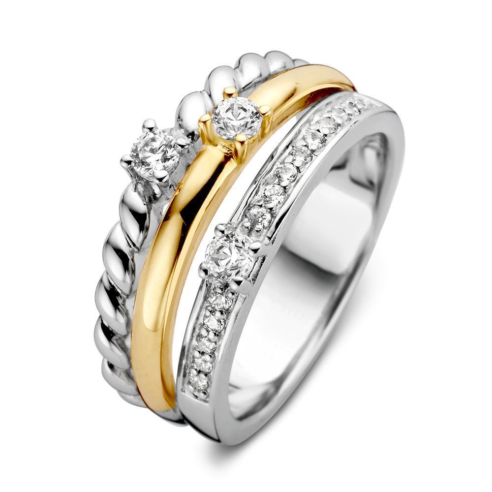 Bague en argent et or jaune 14 carats pour femmes avec zirconia, design tressé et pierres brillantes.