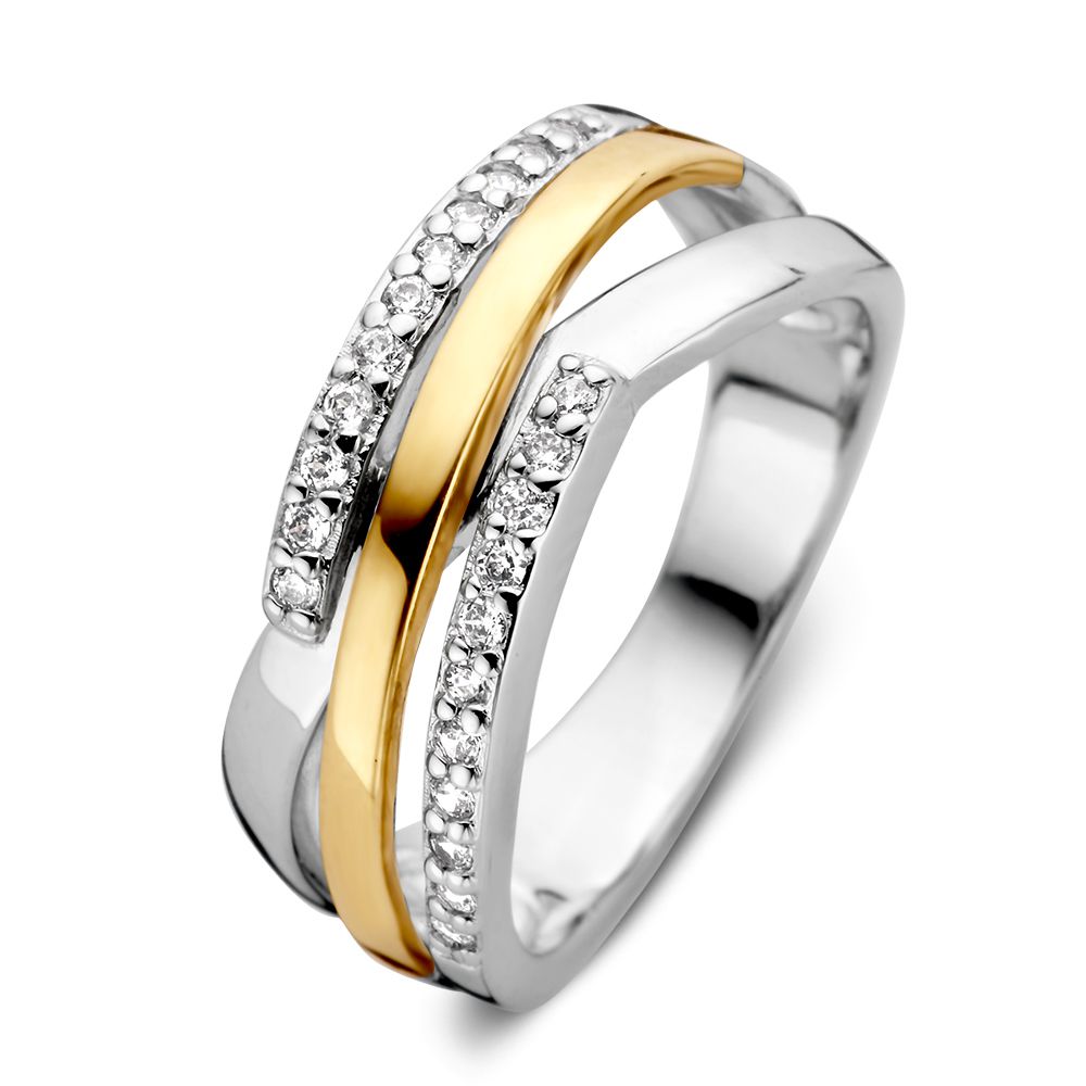 Bague en argent rhodié pour femme avec or jaune 14 carats et zirconiums.
