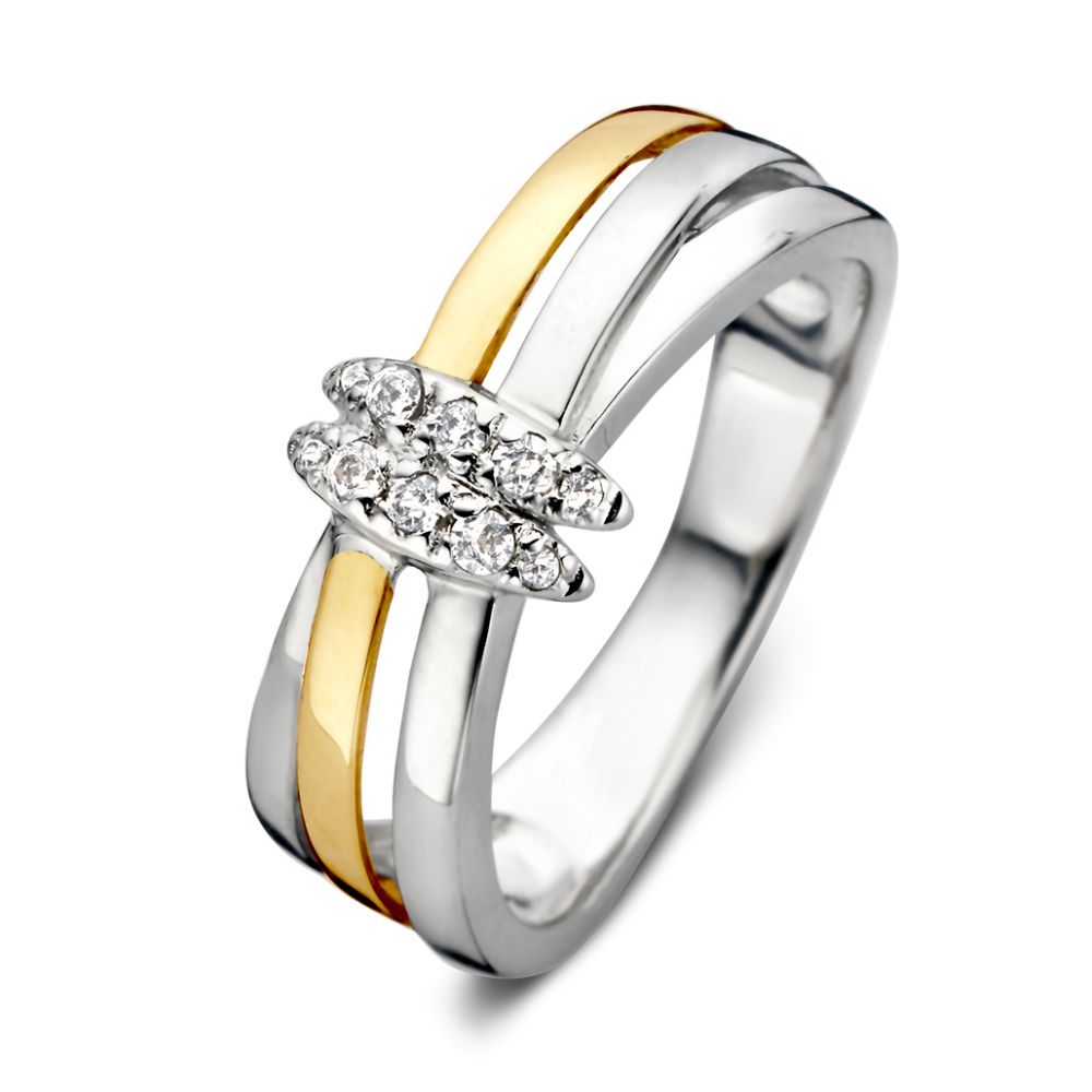 Bague en argent rhodié pour femme avec des bandes en or jaune 14 carats et zircons.