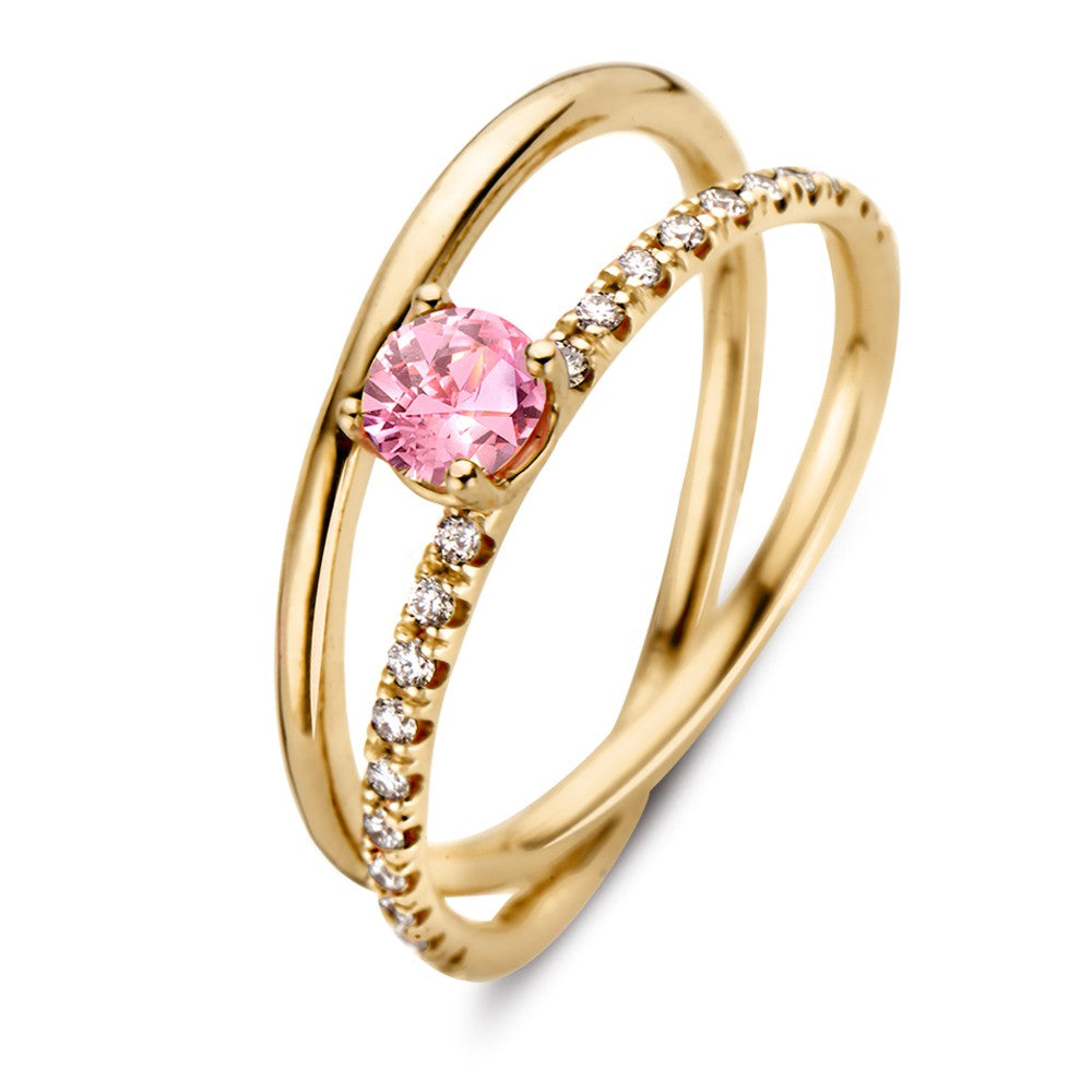 Bague en or jaune 18 carats avec saphir rose et diamants, design élégant à deux anneaux.