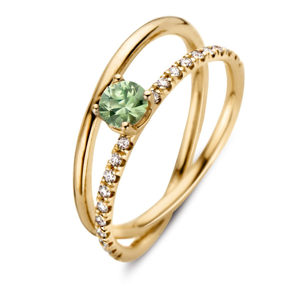 Bague en or rose 18 carats avec saphir vert et diamants, design délicat et moderne.