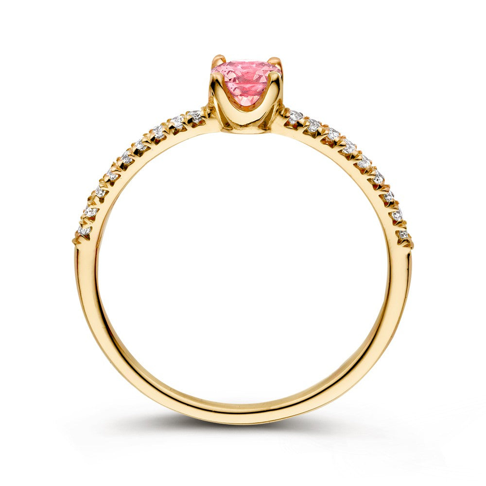 Bague en or jaune 18kt avec saphir rose et 0.15ct de diamants - Élégante