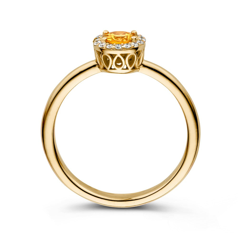 Bague Entourage en Or Jaune 18kt avec Saphir Orange et Diamants de 0.11ct