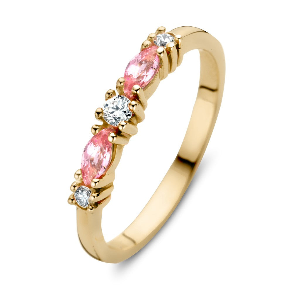 Bague en or jaune 18 carats avec trois diamants et deux saphirs roses taillés en marquise.
