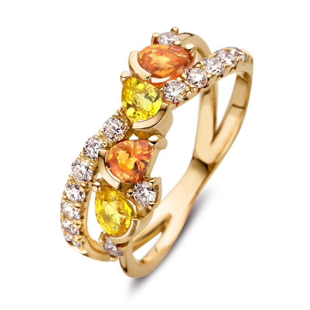 Bague en or jaune 18 carats ornée de saphirs orange et jaunes, accompagnée de diamants.