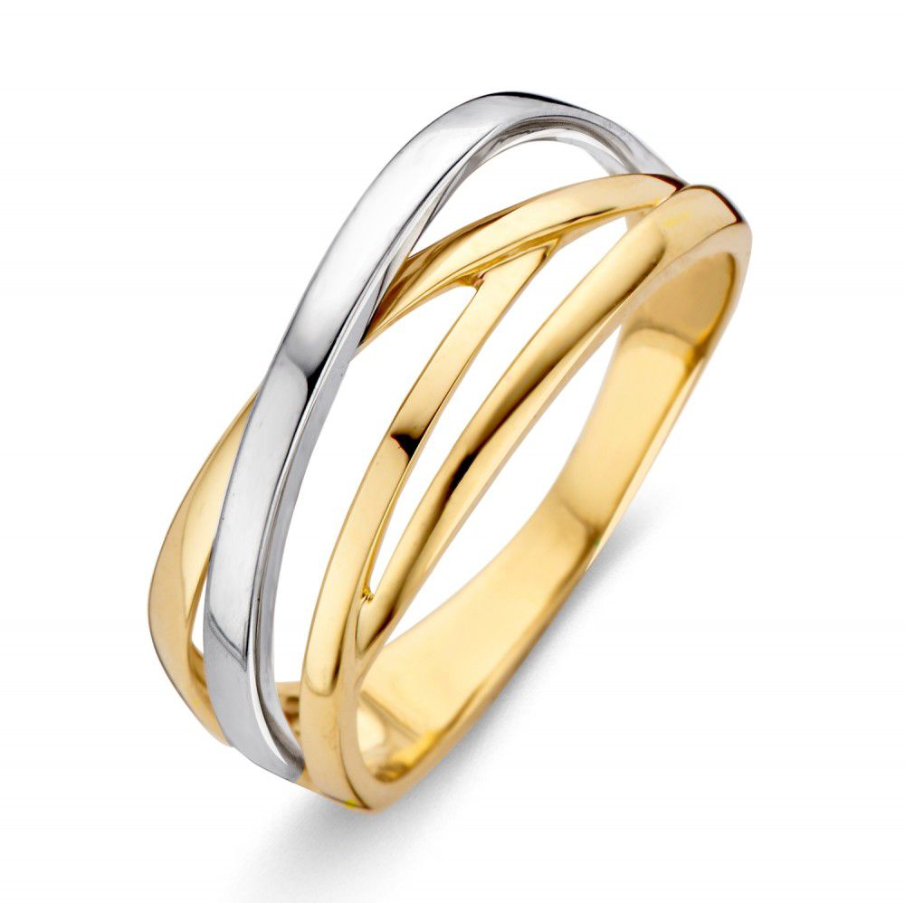 Bague bicolore en or jaune et argent, avec des lignes entrelacées.