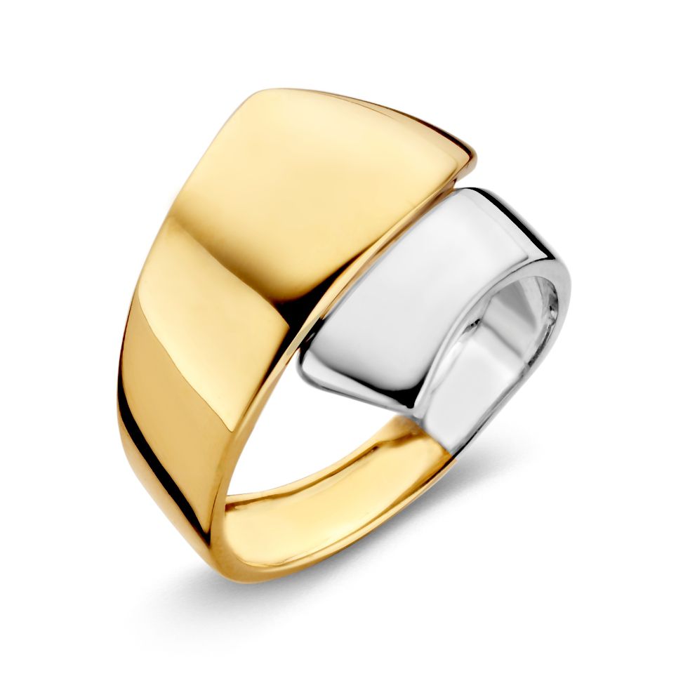 Bague bicolore en or jaune et blanc, au design moderne et lisse.