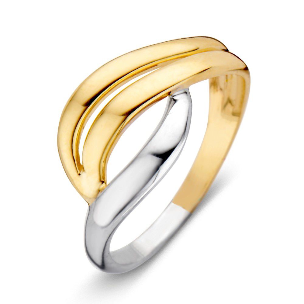 Bague bicolore en or jaune et blanc, au design fluide et moderne.