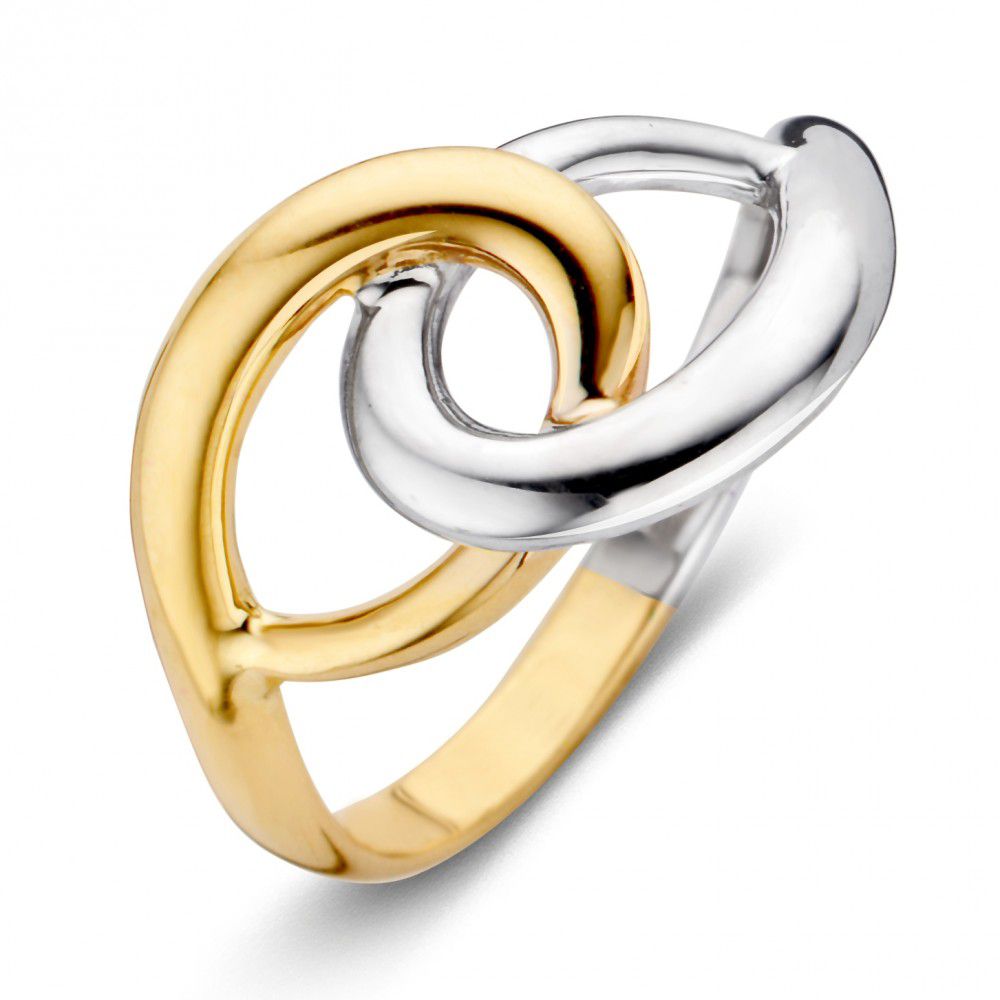 Bague bicolore en or 14 carats avec un design enroulé, alliant or jaune et or blanc.