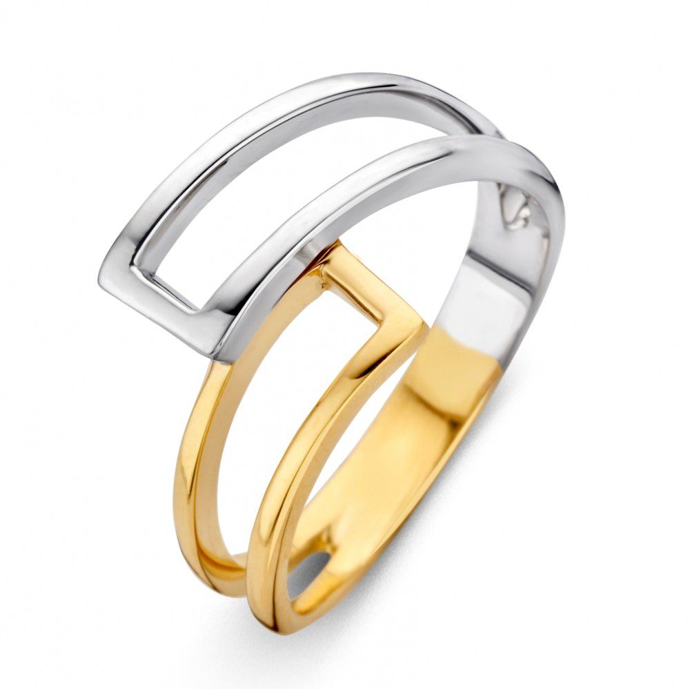 Bague en or 14 carats pour femmes, en or jaune et blanc, avec un design moderne et géométrique.